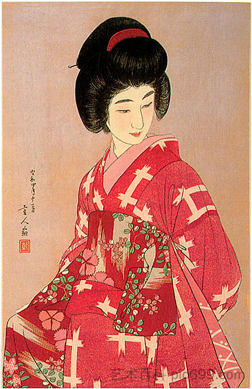 准备她的腰带(粉红色变体) Preparing Her Sash (pink variant) (1933),鸟居言人