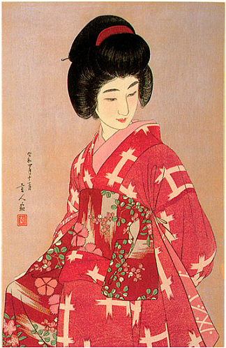 准备她的腰带（粉红色变体） Preparing Her Sash (pink variant) (1933)，鸟居言人