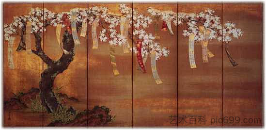 开花的樱桃与诗简 Flowering Cherry with Poem Slips (c.1670 - c.1679)，土佐光起