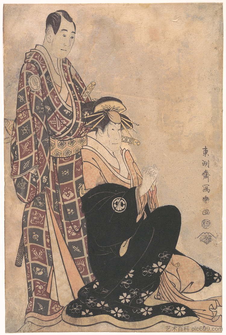 佐川菊之城三世饰演桂木，泽村宗十郎 Sagawa Kikunojo III as the Courtesan Katsuragi,and Sawamura Sojuro (1795)，东洲斋写乐