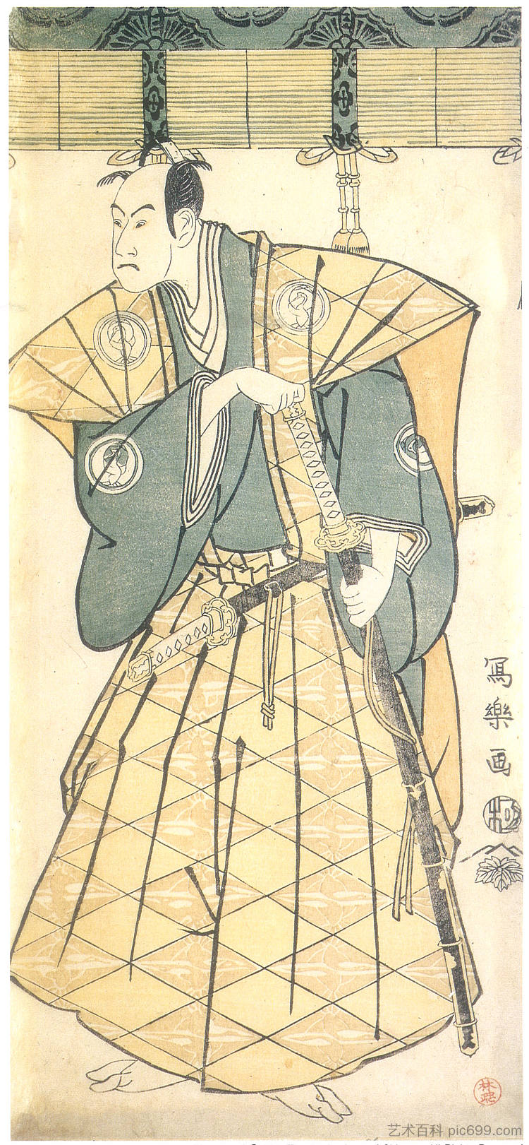 磐堂彦三郎三世 饰 五代三郎千方田 Bandō Hikosaburō III as Godai Saburō Chikatada (1795)，东洲斋写乐