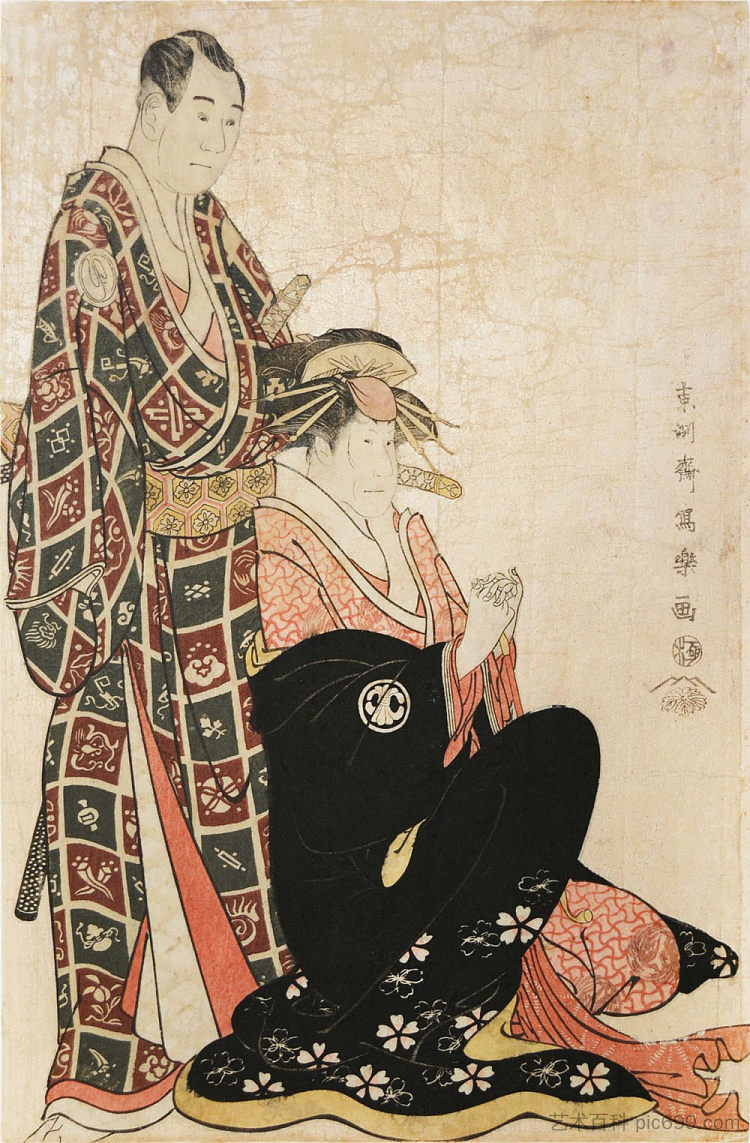歌舞伎演员泽村宗十郎三世饰演名古屋三座,濑川菊之郎三世饰演桂木 Kabuki Actors Sawamura Sōjūrō III as Nagoya Sanza, and Segawa Kikunojō Iii as the Courtesan Katsuragi (1794),东洲斋写乐
