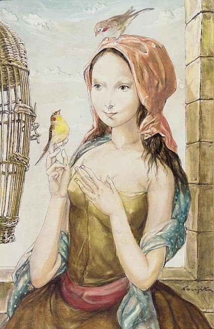鸟笼里的女孩 Jeune fille à la cage aux oiseaux (1956)，藤田嗣治
