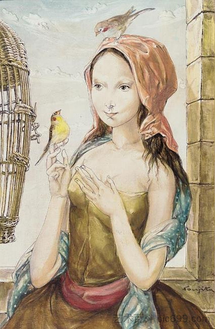 鸟笼里的女孩 Jeune fille à la cage aux oiseaux (1956)，藤田嗣治