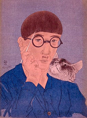 自我波特特质与一只猫 Self Porttrait with a cat (1928)，藤田嗣治