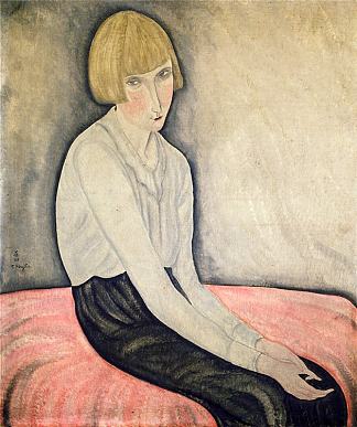 粉红色小吃上的年轻女子 Young Woman on a Pink Canape (1918)，藤田嗣治