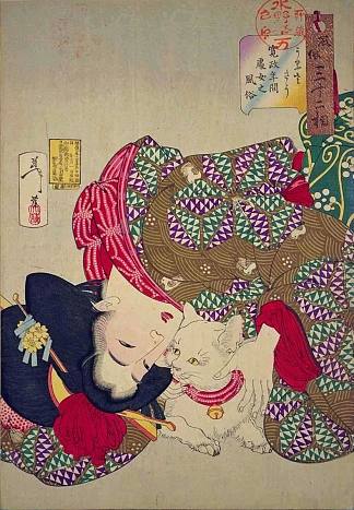 一位来自关西时代的年轻女子与她的猫玩耍 A young woman from Kansei period playing with her cat (1888)，月冈芳年