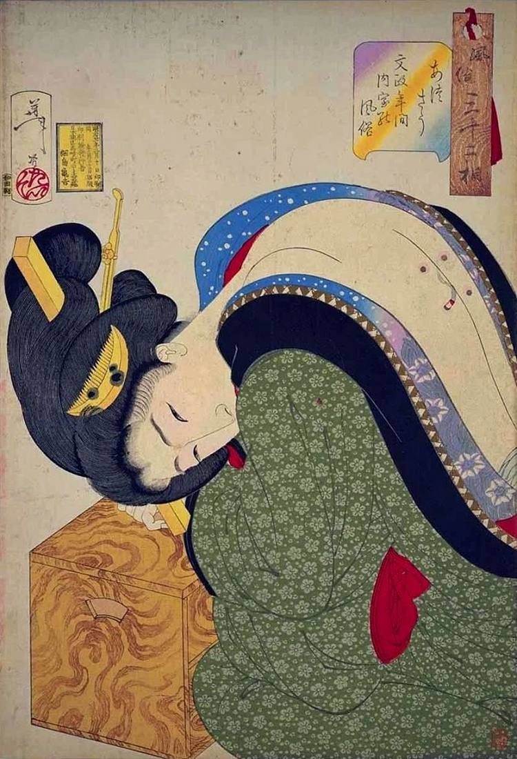 看起来很热 - 文成时代的家庭主妇的出现 Looking hot - The appearance of a housewife in the Bunsei era (1888)，月冈芳年