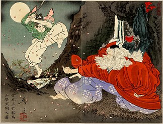 宗保在剑中指导义经 Sojobo Instructs Yoshitsune in the Sword，月冈芳年