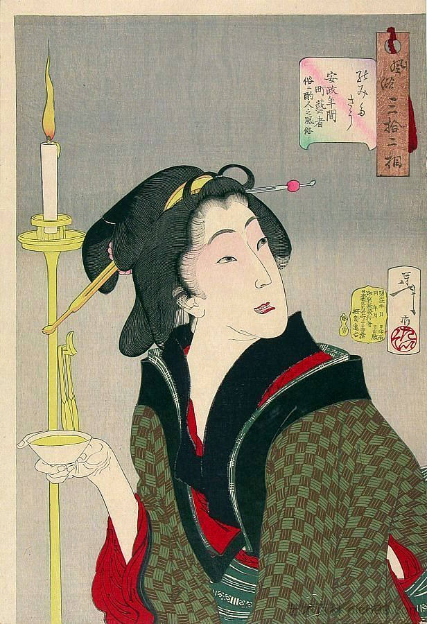 看起来口渴 - 安世时代的酒吧女郎城镇艺伎的出现 Looking thirsty - The Appearance of a Town Geisha, a Bargirl in the Ansei Era，月冈芳年