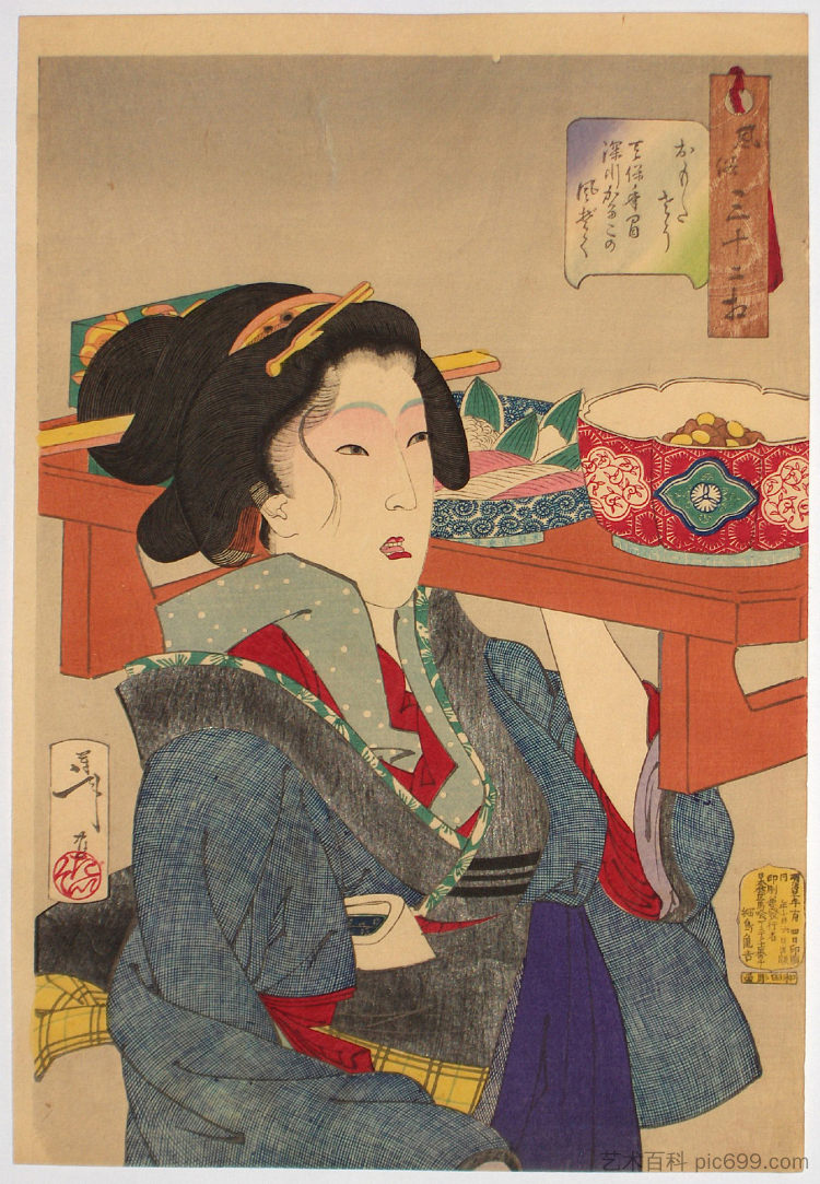 看起来很沉重 - 天宝时代深川女服务员的出现 Looking weighed-down - The appearance of a waitress at Fukagawa in the Tempo era，月冈芳年