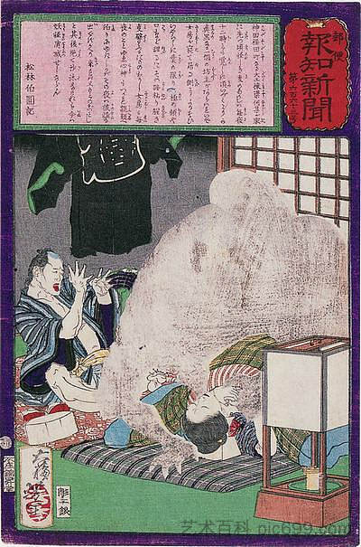 黑色怪物攻击鲤鱼的妻子 The black monster attacking the wife of a carpe，月冈芳年