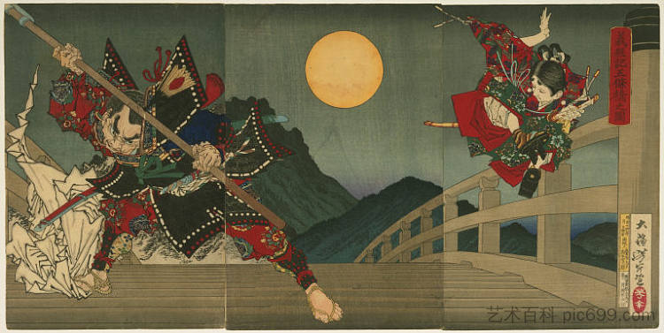 牛和弁庆在五条桥上决斗 Ushiwaka and Benkei duelling on Gojo Bridge，月冈芳年