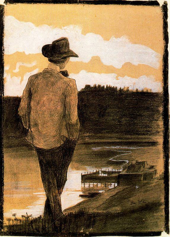 河岸上的年轻人 Young Man on a Riverbank (1902; Rome,Italy  )，翁贝托·薄邱尼