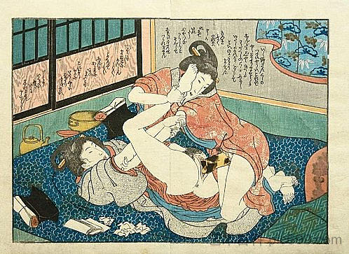 女同性恋者通过Harikata（假阳具）发生性关系 Lesbians having sex by a harikata (dildo) (c.1840)，歌川国贞