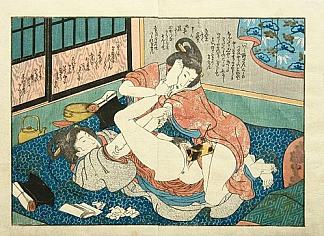 女同性恋者通过Harikata（假阳具）发生性关系 Lesbians having sex by a harikata (dildo) (c.1840)，歌川国贞