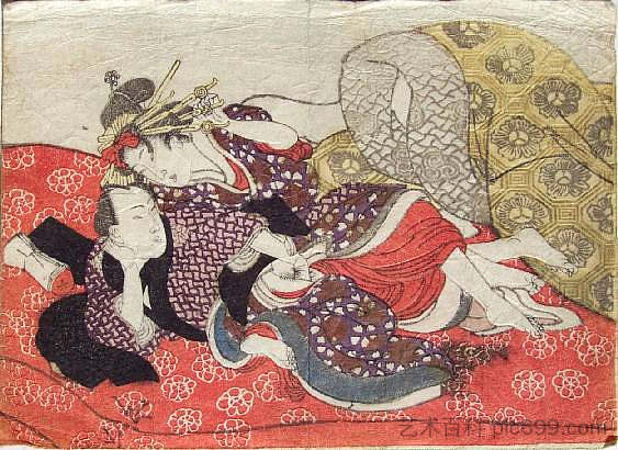 红色蒲团上的前戏 Foreplay on a Red Futon (1835)，歌川国贞