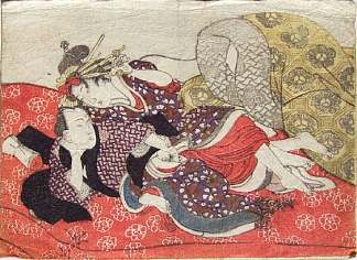红色蒲团上的前戏 Foreplay on a Red Futon (1835)，歌川国贞