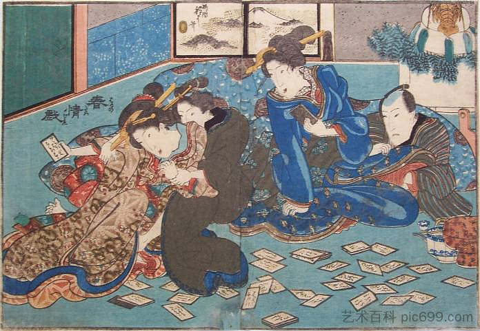 打牌 Playing Cards (c.1835)，歌川国贞