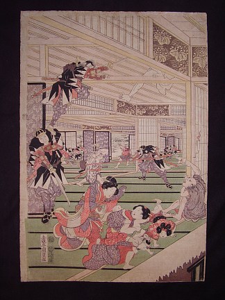 浪人袭击基拉领主的房子（三联画的左图） Ronins attack on the house of lord Kira (left panel of a triptych)，歌川国贞