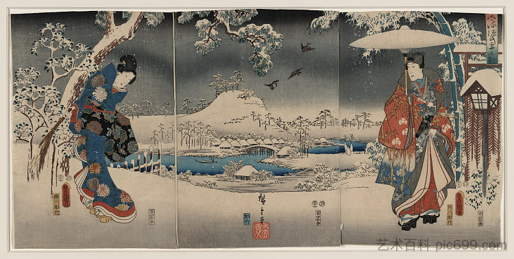 白雪皑皑的风景，一个女人挥舞着扫帚，一个男人拿着雨伞 Snowy landscape with a woman brandishing a broom and a man holding an umbrella，歌川国贞