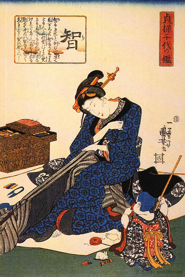 一个坐着的女人缝制和服 A seated woman sewing a kimono，歌川国芳