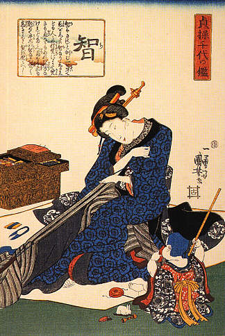 一个坐着的女人缝制和服 A seated woman sewing a kimono，歌川国芳