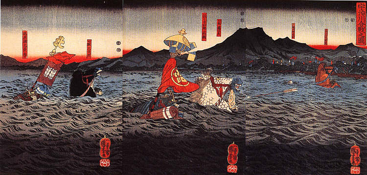 影越、高纲、重田渡宇治河 Kagesue, Takatsuna and Shigetada crossing the Uji river，歌川国芳