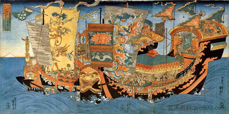 传说，满载男孩和女孩的大船被派去寻找不朽的药物 Legend, The great ships full of boys and girls sent in search of the immortal medicine，歌川国芳