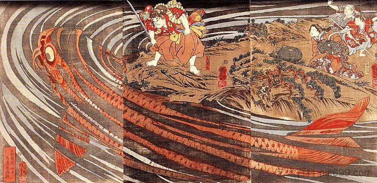 鬼若丸准备杀死一条巨型鲤鱼 Oniwakamaru preparing to kill a giant carp,歌川国芳