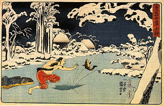 奥修抓鲤鱼 Osho catching a carp，歌川国芳