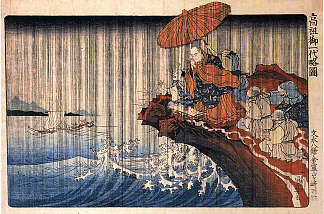 日莲神父在暴风雨中祈祷 Priest Nichiren praying under the storm，歌川国芳