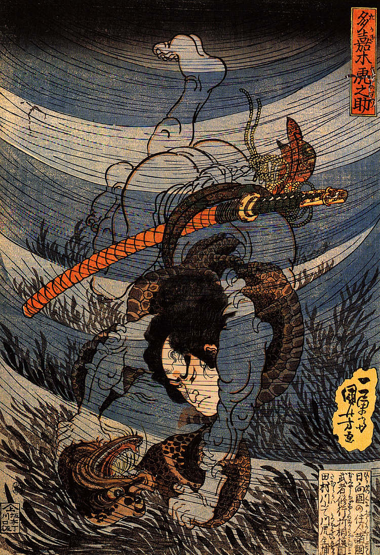 高木虎之助在田村河水下捕获河童 Takagi Toranosuke capturing a kappa underwater in the Tamura river，歌川国芳