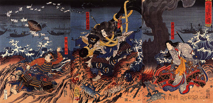 玉森被绑在一个巨大的锚上，准备把自己扔进海里 Tamomori tied to a huge anchor ready to cast himself into the sea，歌川国芳