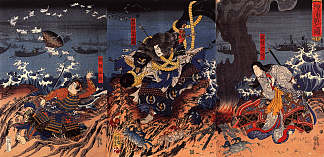 玉森被绑在一个巨大的锚上，准备把自己扔进海里 Tamomori tied to a huge anchor ready to cast himself into the sea，歌川国芳