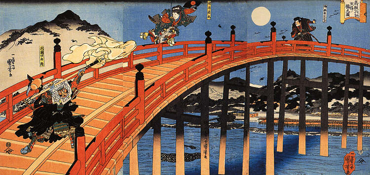 月光下义经与弁庆在御常桥上的大战 The moonlight fight between Yoshitsune and Benkei on the Gojobashi，歌川国芳