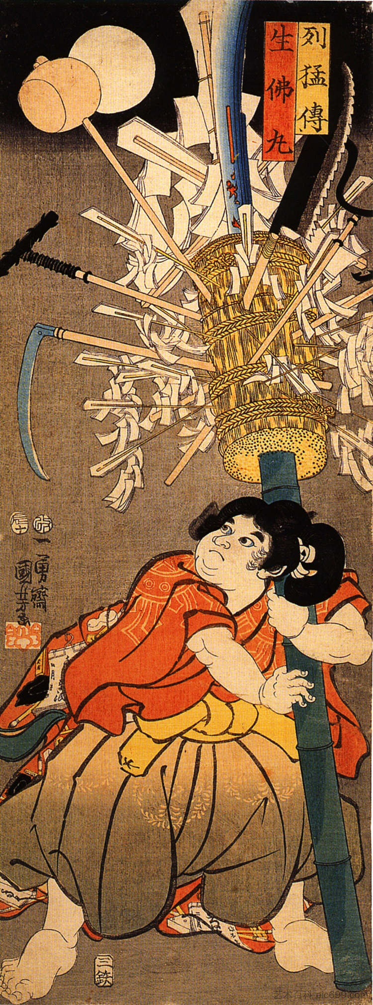 年轻的弁庆拿着杆子 The young Benkei holding a pole，歌川国芳