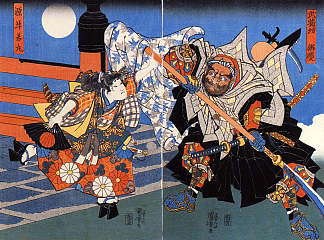 宇智波丸在五条桥上与弁庆战斗 Uchiwakamaru fighting Benkei on Gojo bridge，歌川国芳