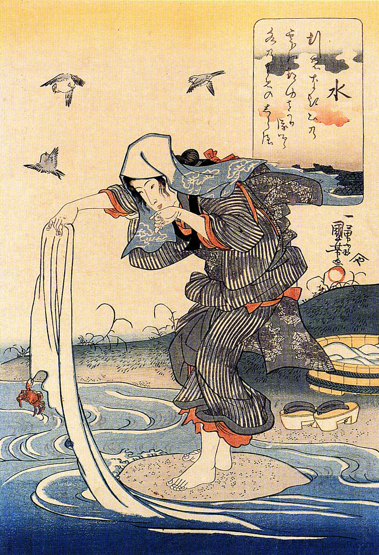 女人在河里洗衣服 Woman doing her laundry in the river，歌川国芳