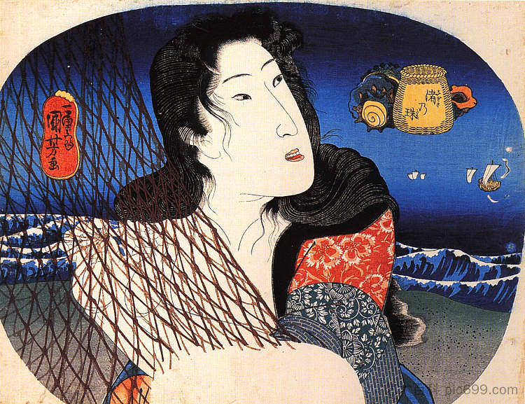 修补渔网的女人 Woman mending a fish net，歌川国芳