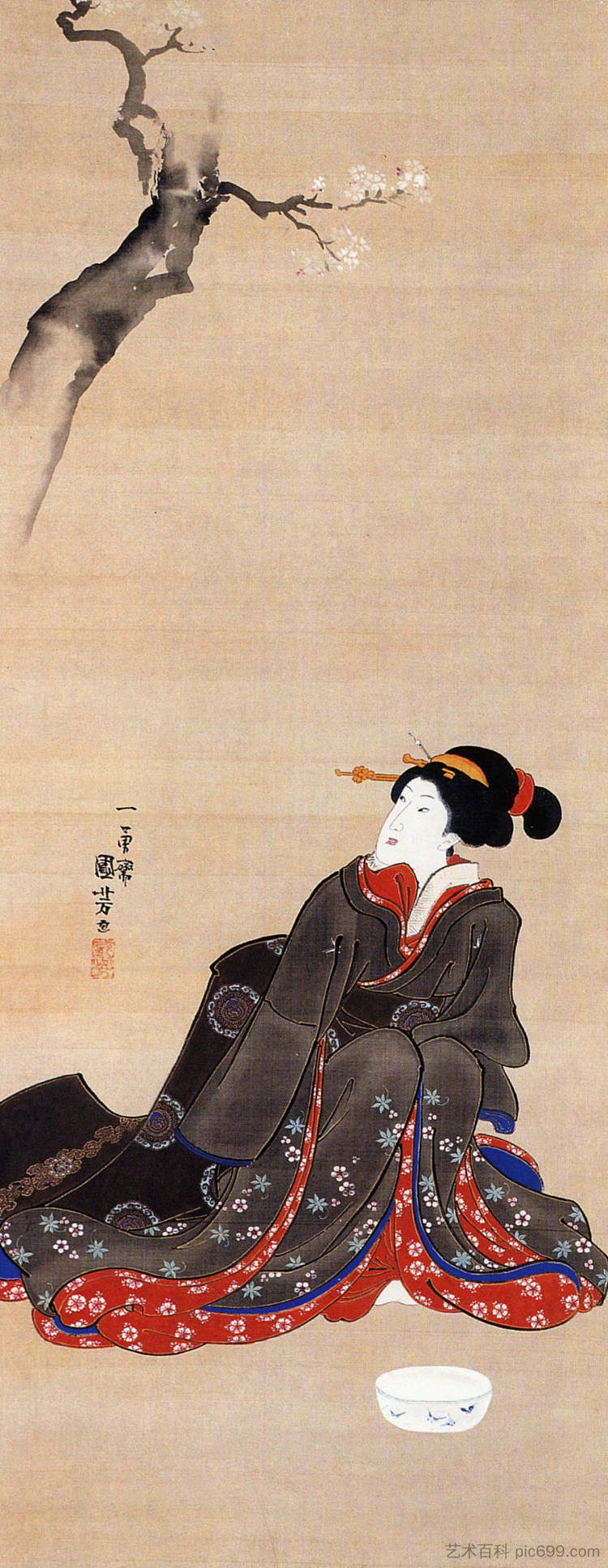 坐在樱花下的女人 Woman seated under a cherry blossoms，歌川国芳