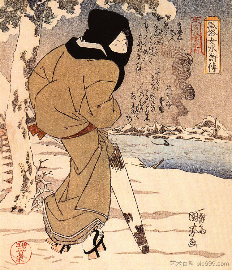 在雪地里行走的女人 Women walking in the snow，歌川国芳