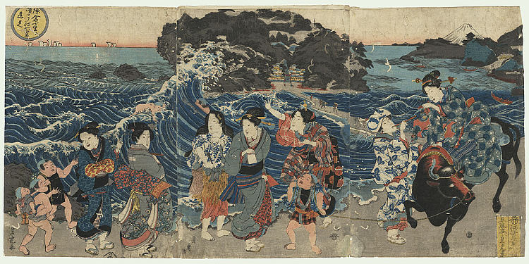 江之岛岸上的女人 Women on the Shore at Enoshima，歌川贞虎