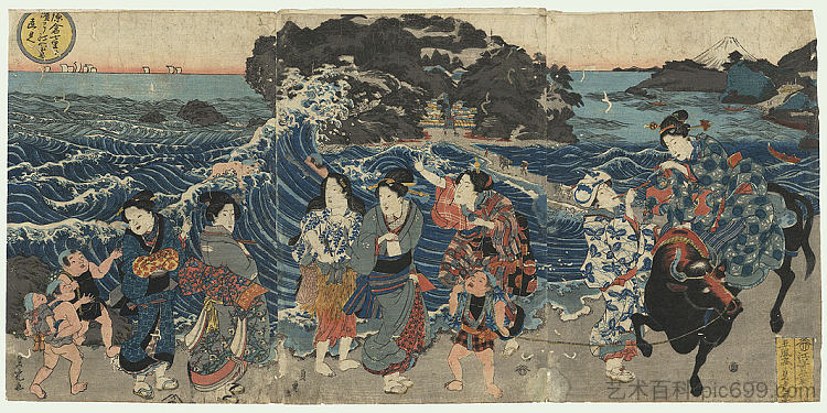 江之岛岸上的女人 Women on the Shore at Enoshima，歌川贞虎