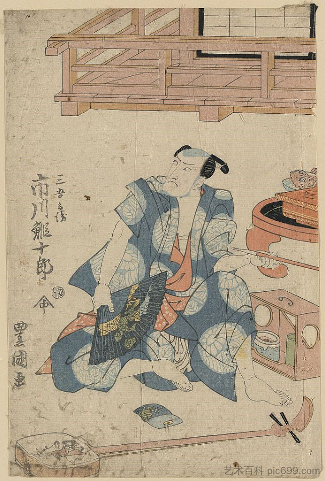 演员市川惠十郎坐在地板上，脚边有三味线 Actor Ichikawa Ebijuro, seated on floor with shamisen at his feet (1818; Japan  )，歌川丰国