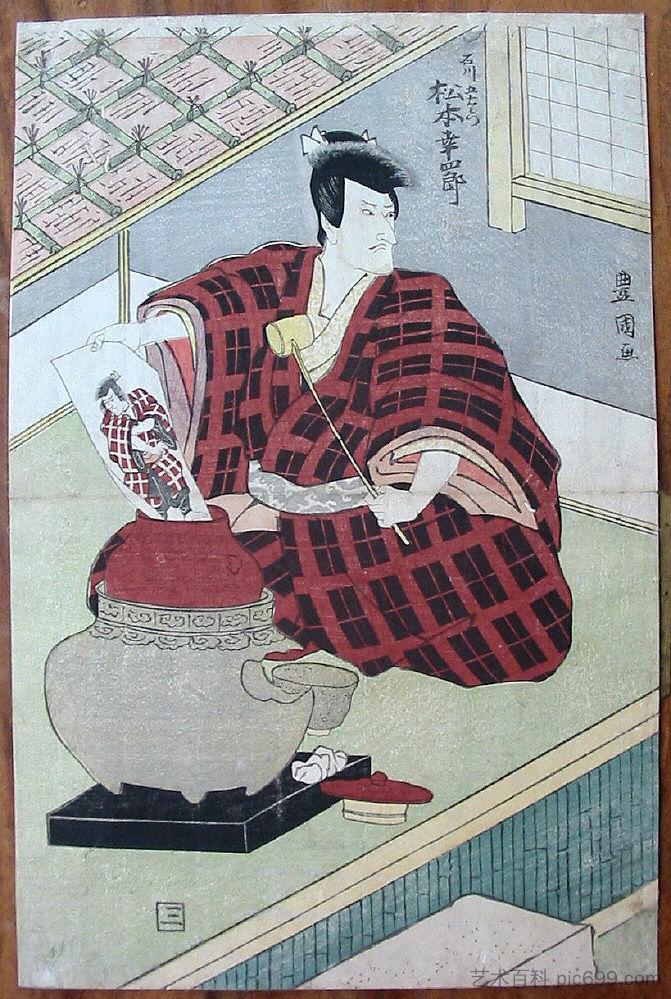 石川五右卫门从有盖的罐子里拿出一幅自己的画 Ishikawa Goemon pulling a painting of himself out of a lidded jar (c.1815; Japan  )，歌川丰国