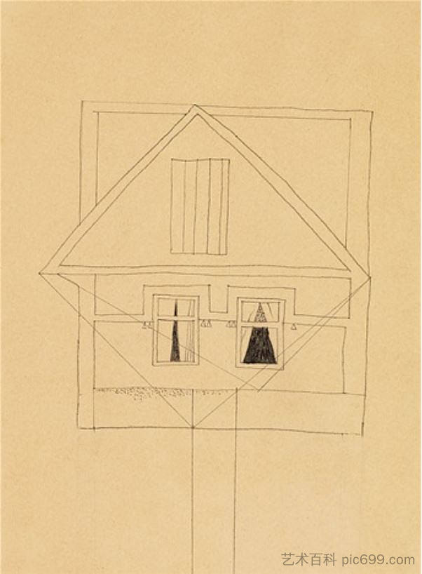 瓦伊达·拉约什的房子在波尔1936上，300x220毫米铅笔在纸上 Vajda Lajos House on a Pol 1936, 300x220mm Pencil on Paper (1936)，瓦贾达拉霍斯