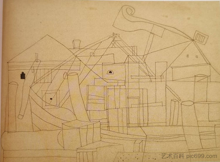 瓦伊达·拉约什故居与船 1936， 纸本铅笔， 23.3x30.5cm Vajda Lajos House with Ship 1936, Pencil on Paper, 23.3x30.5cm (1936)，瓦贾达拉霍斯