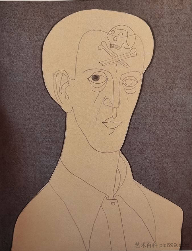 拉约什·瓦伊达 头骨自画像 1936， 铅笔拼贴， 12x25.5cm Vajda Lajos Önarckép Kopnyával 1936, Ceruza Kollázs, 12x25.5cm (1936)，瓦贾达拉霍斯