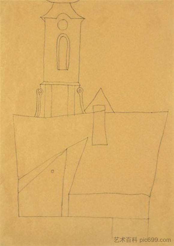 Vajda Lajos Tower of Cheurch at Main Square 1937， 450x310mm 铅笔 Vajda Lajos Tower of Cheurch at the Main Square 1937, 450x310mm Pencil on (1937)，瓦贾达拉霍斯